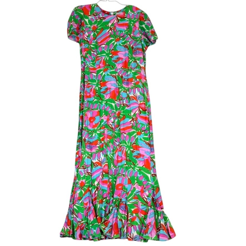 Rhode Floral Print Maxi Dress Green Pink Short Sleeve Godet Hem Size 12